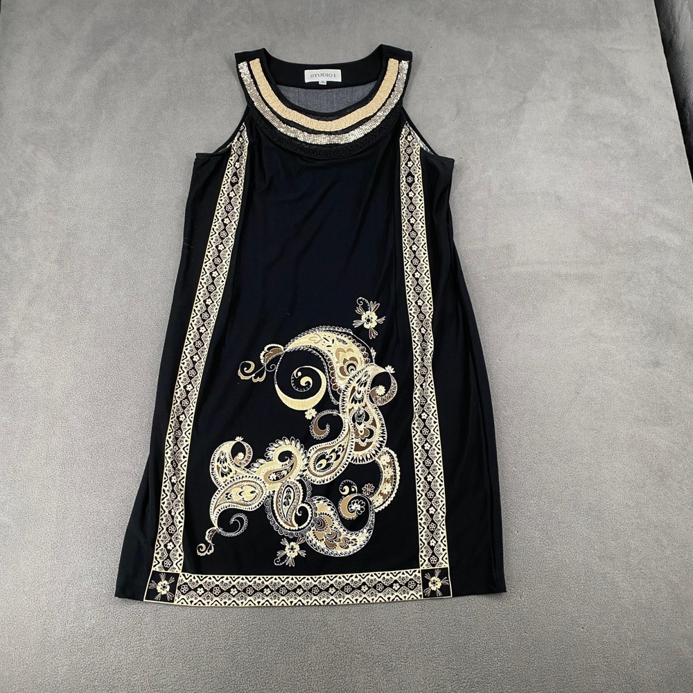 Studio I Womens Black Paisley Border Print Sleeveless Embellished Shift Dress 16